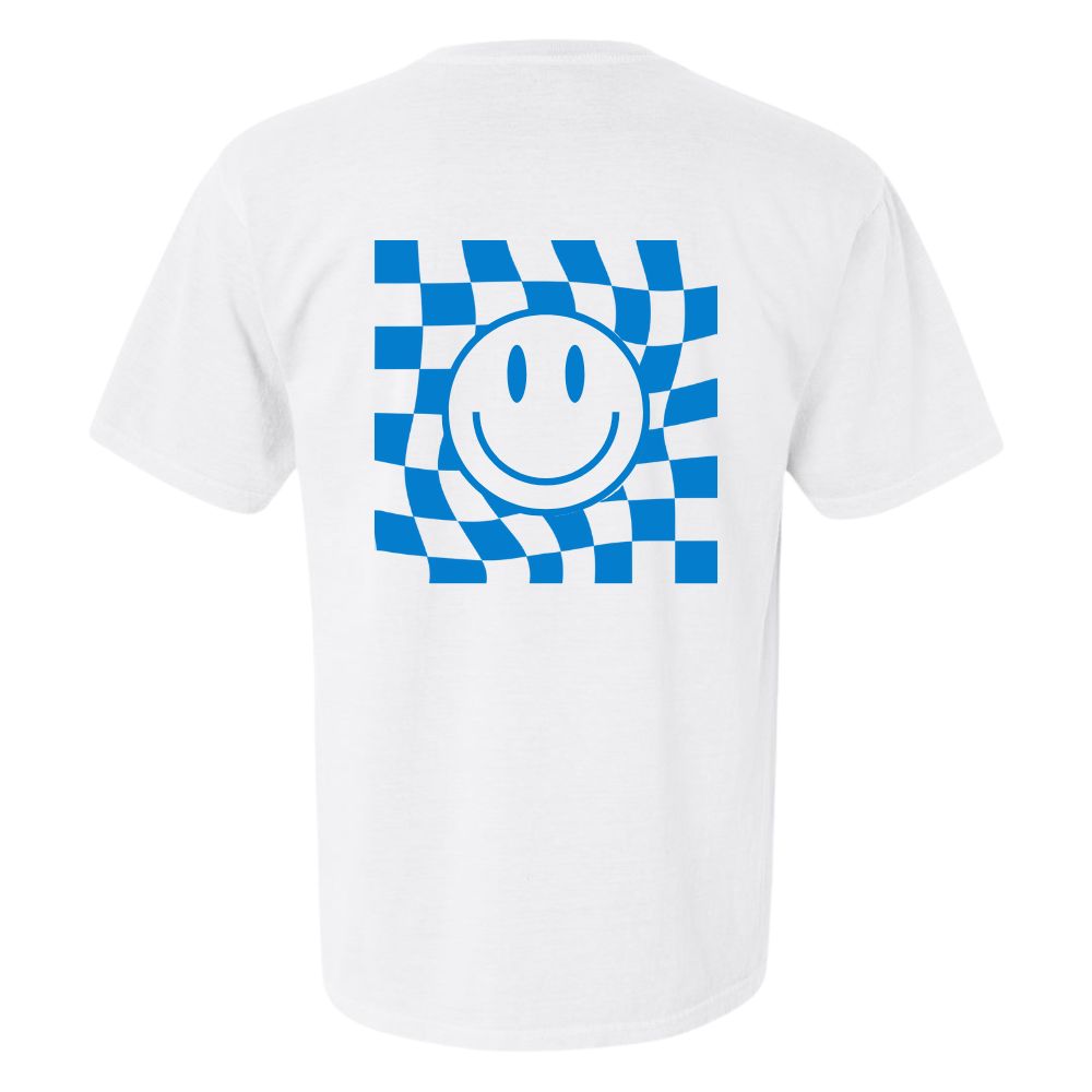 Checkerboard Smiley Face T-Shirt in White w/Blue