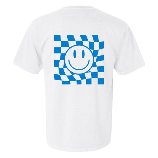 Checkerboard Smiley Face T-Shirt in White w/Blue