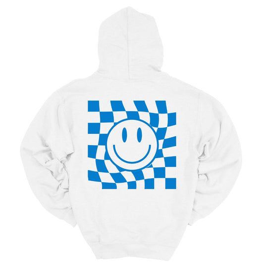 Checkerboard Smiley Face Hoodie in White w/ Blue