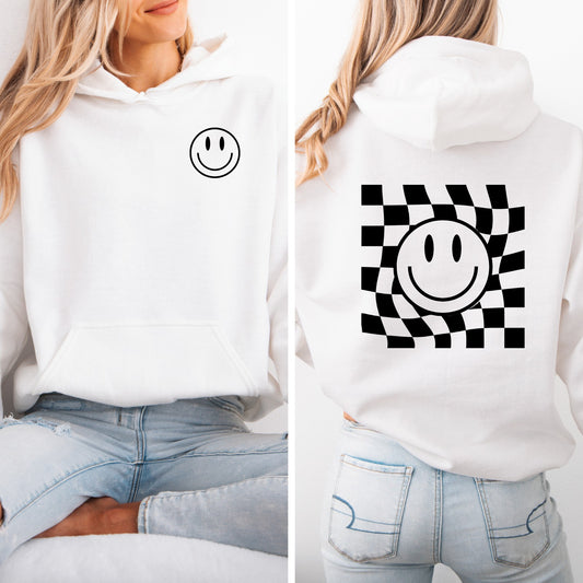 Checkerboard Smiley Face Hoodie in White w/Black