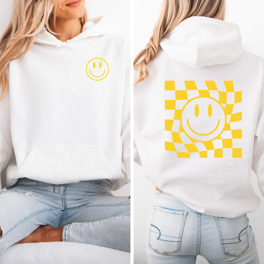 Checkerboard Smiley Face Hoodie in White w/ Yellow