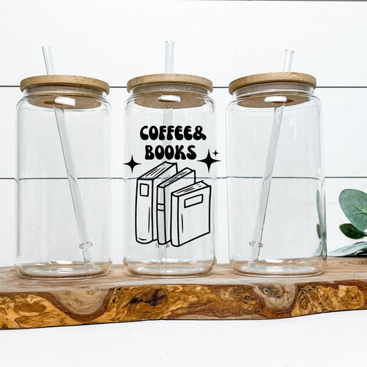 16oz Glass Tumbler - Coffee & Books