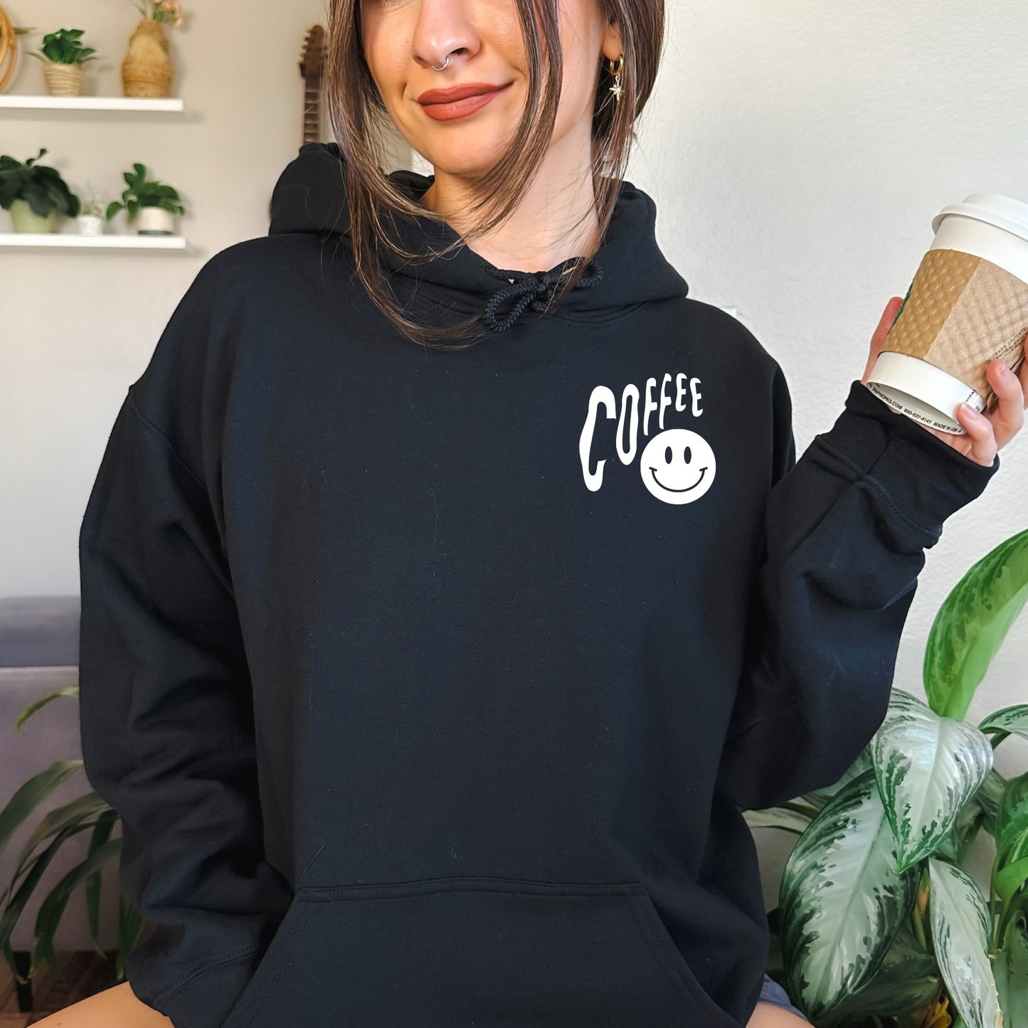 Coffee Hoodie with Smiley Face in Black