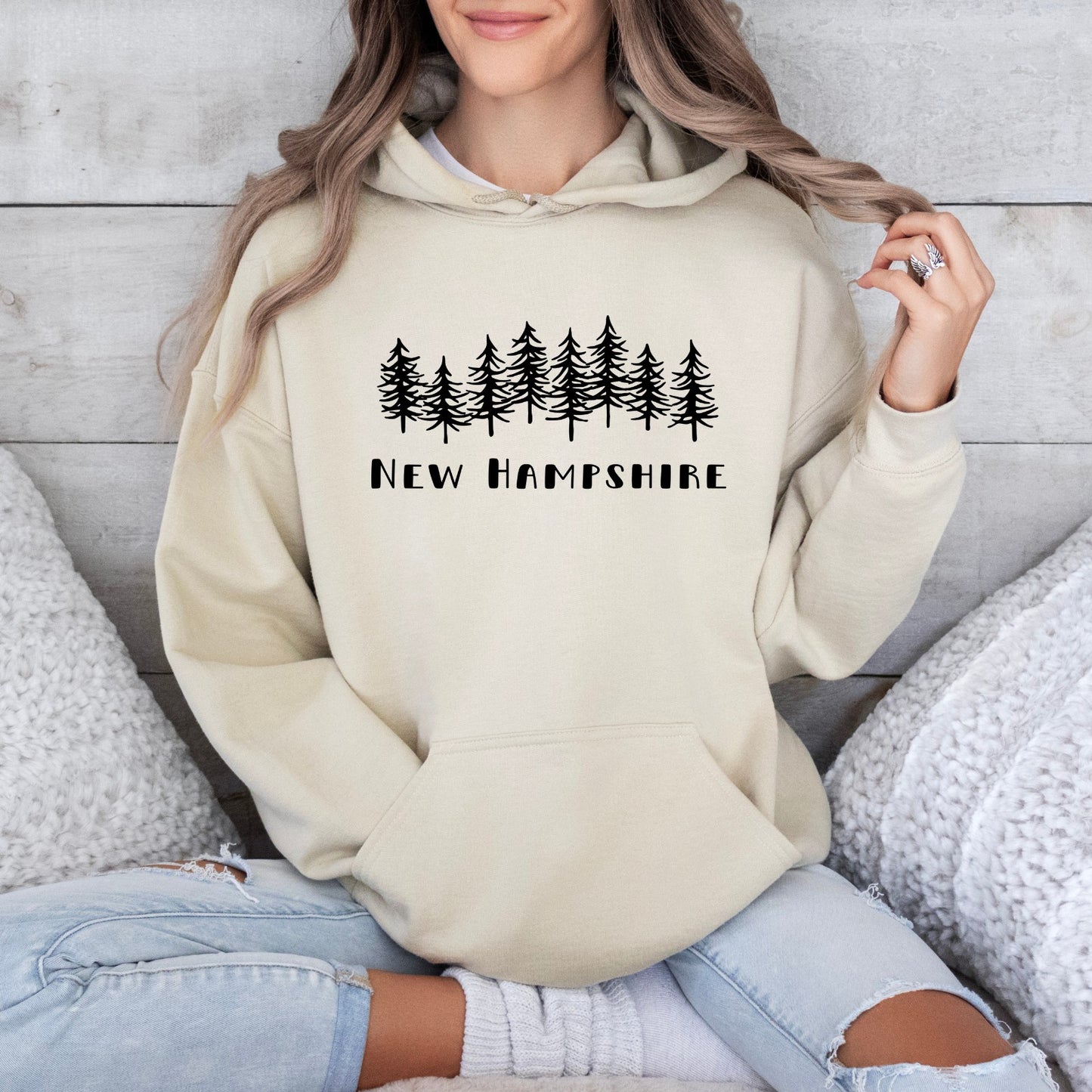 New Hampshire with Trees Hoodie in Sand or Military Green