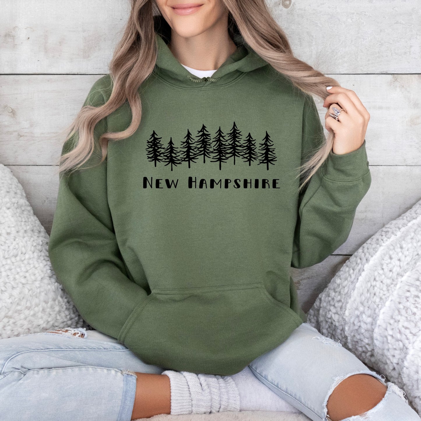 New Hampshire with Trees Hoodie in Sand or Military Green