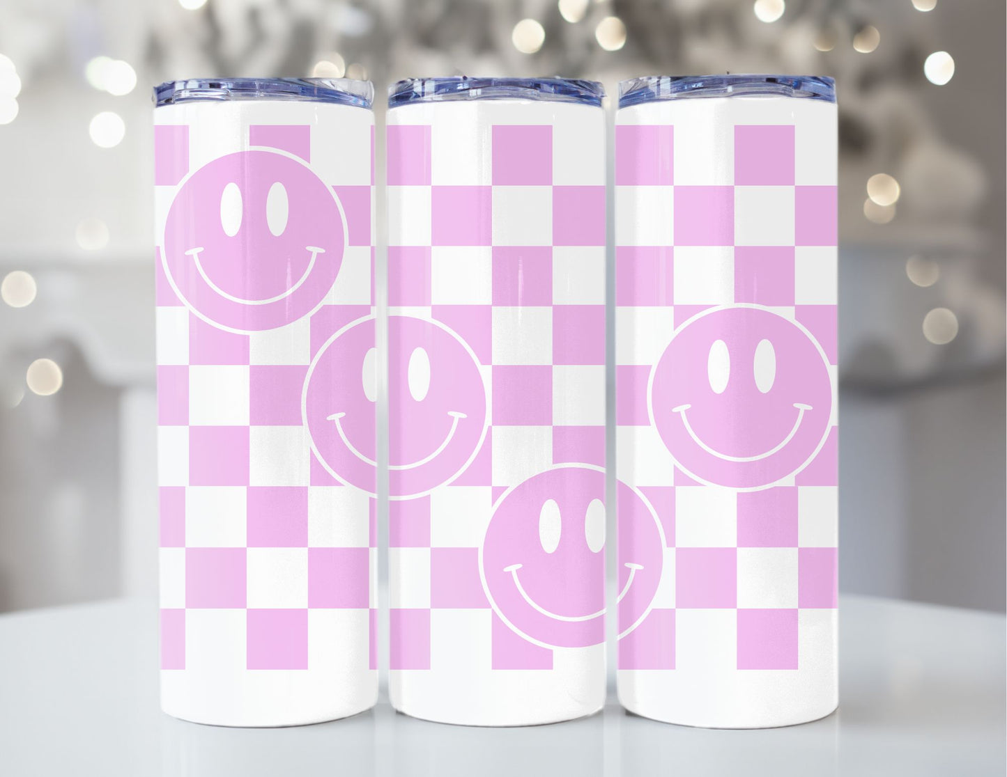 20oz Stainless Steel Insulated Tumbler -  Pink Checkerboard with Smile