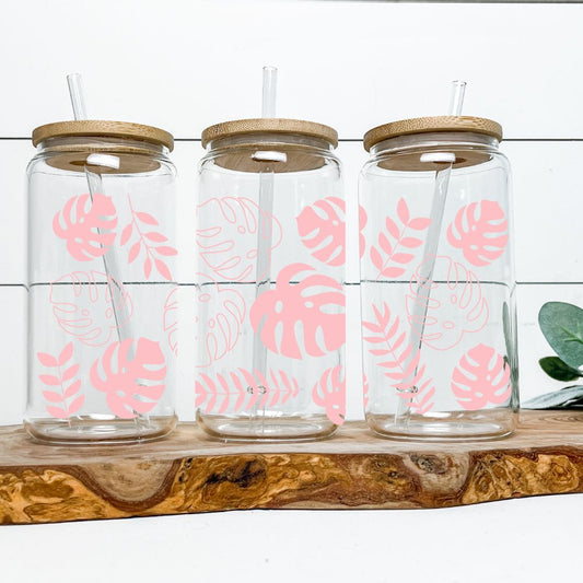 16oz Glass Tumbler - Pink Monstera