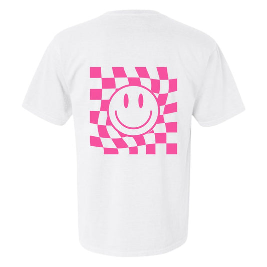 Checkerboard Smiley Face T-Shirt in White w/Pink