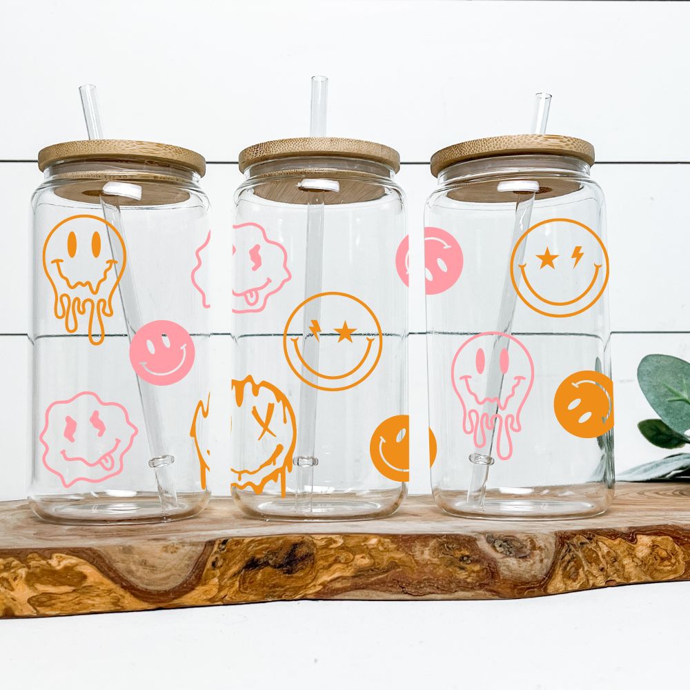 16oz Glass Tumbler - Pink & Orange Smiley Faces