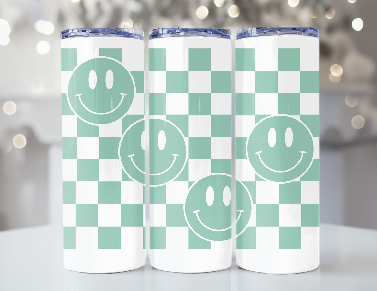 20oz Stainless Steel Insulated Tumbler -  Light Green Checkerboard with Smile Face