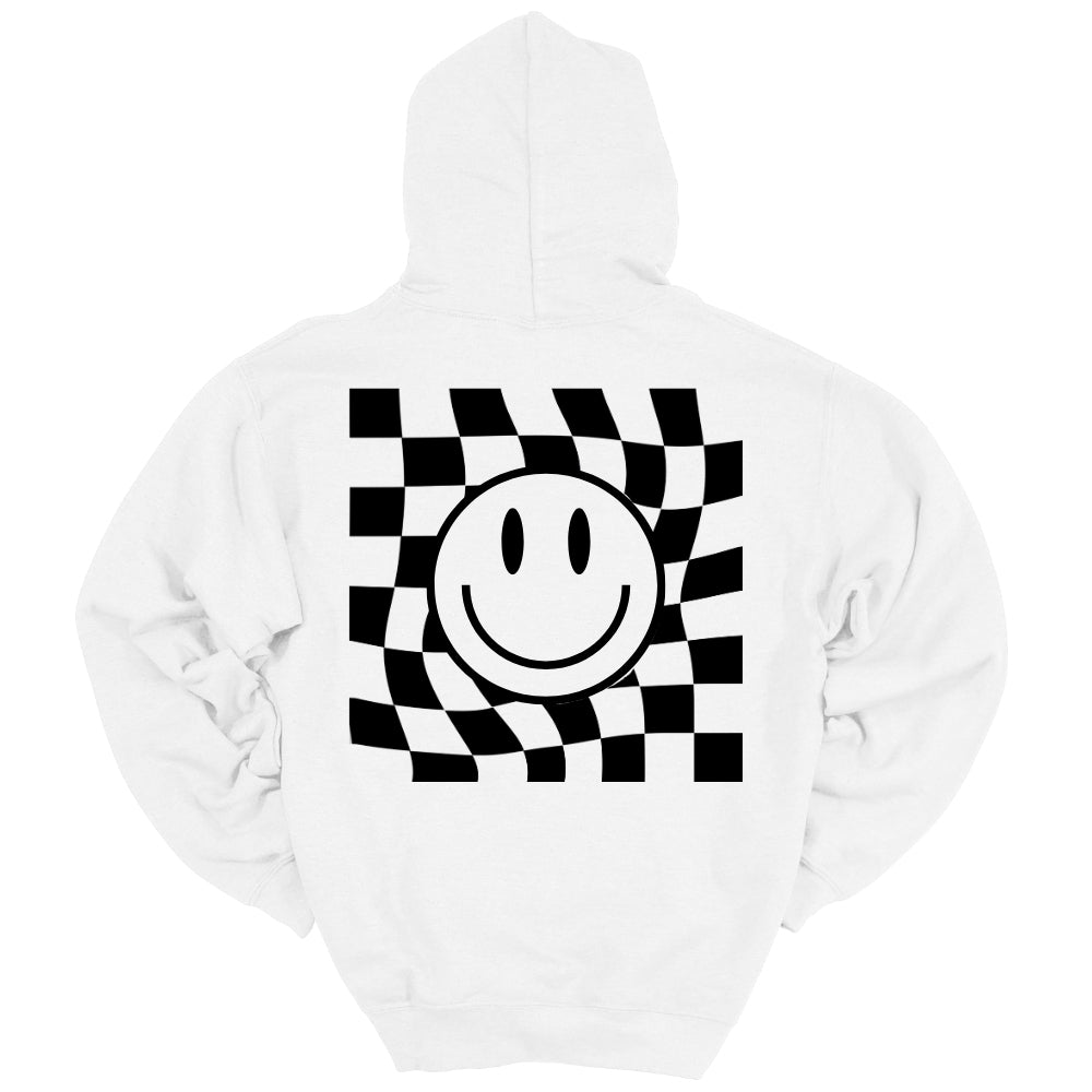 Checkerboard Smiley Face Hoodie in White w/Black